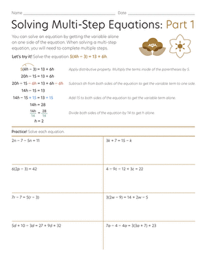 Eighth grade student working on a Solving Multi-Step Equations Part 1 algebra worksheet