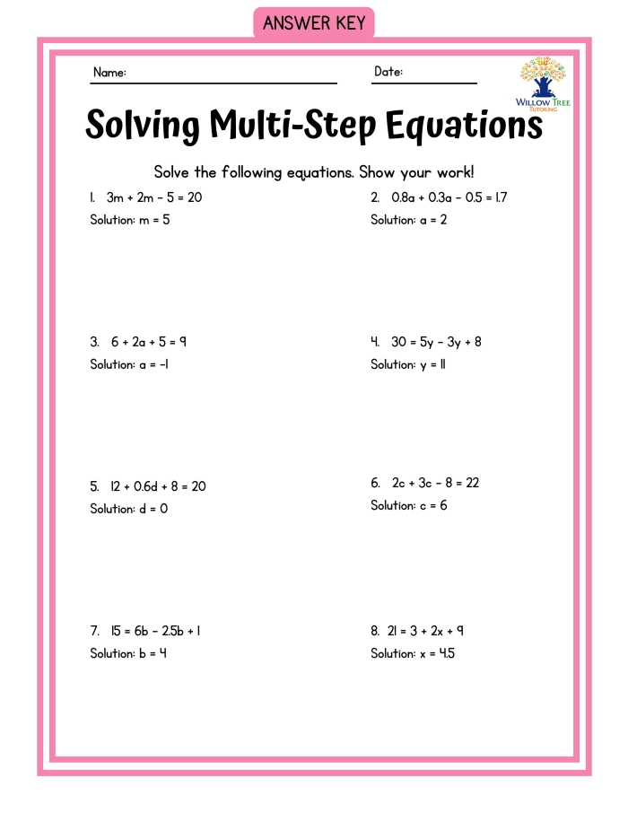 Eighth grade algebra worksheet for practicing multi-step equations with one variable