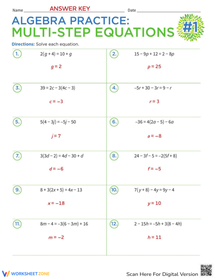 Eighth grade algebra worksheet focusing on solving multi-step equations part one