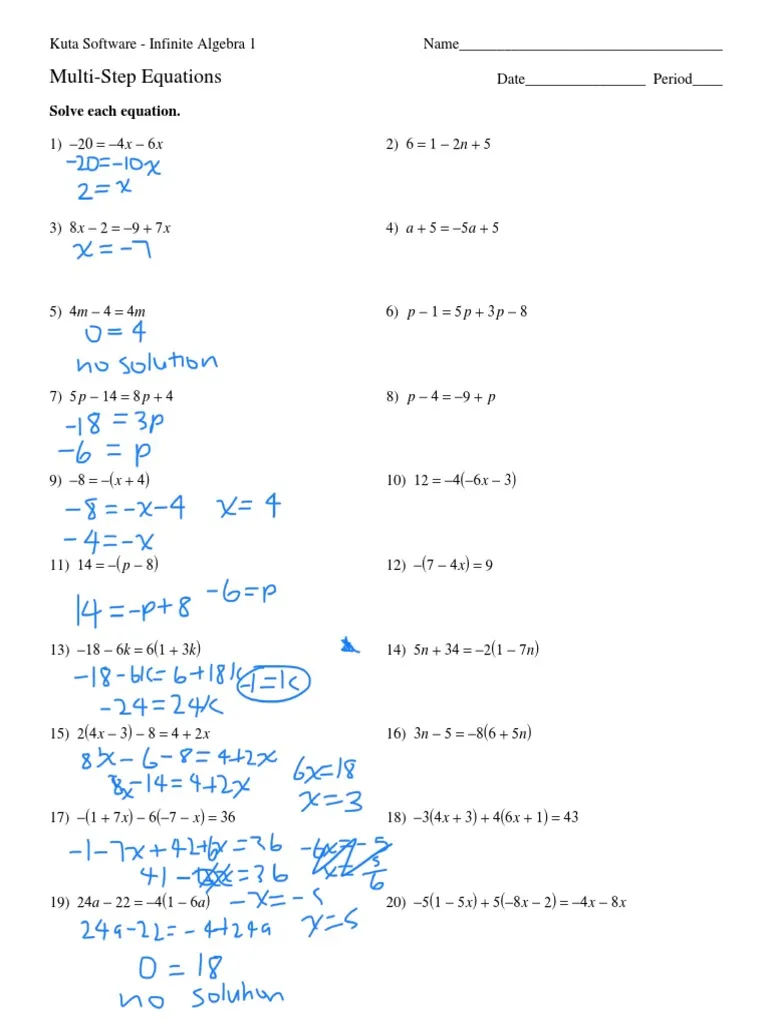 Worksheet for solving multi-step equations for eighth-grade students