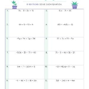 Worksheet for eighth-grade students on solving multi-step equations with one variable