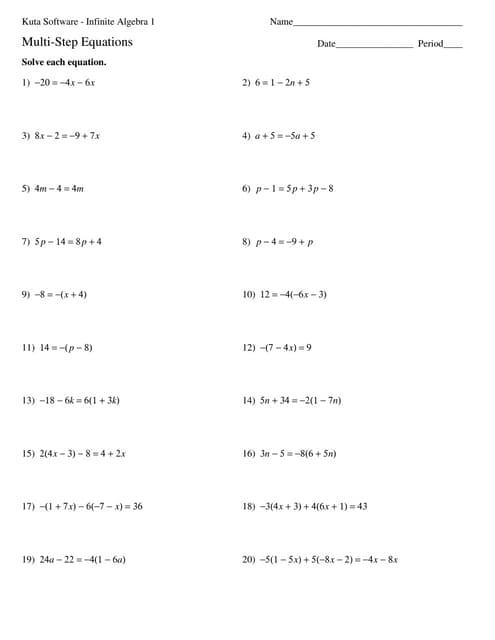 Worksheet for practicing multi-step equations for eighth graders