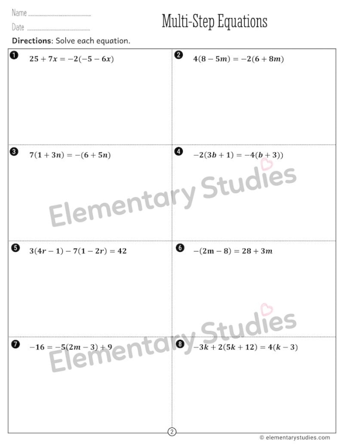 Worksheet for eighth graders on solving multi-step equations with one variable