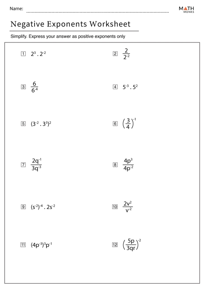 Negative and Zero Exponents Practice Worksheet 4 Eighth grade math worksheet focusing on solving equations with negative and zero exponents