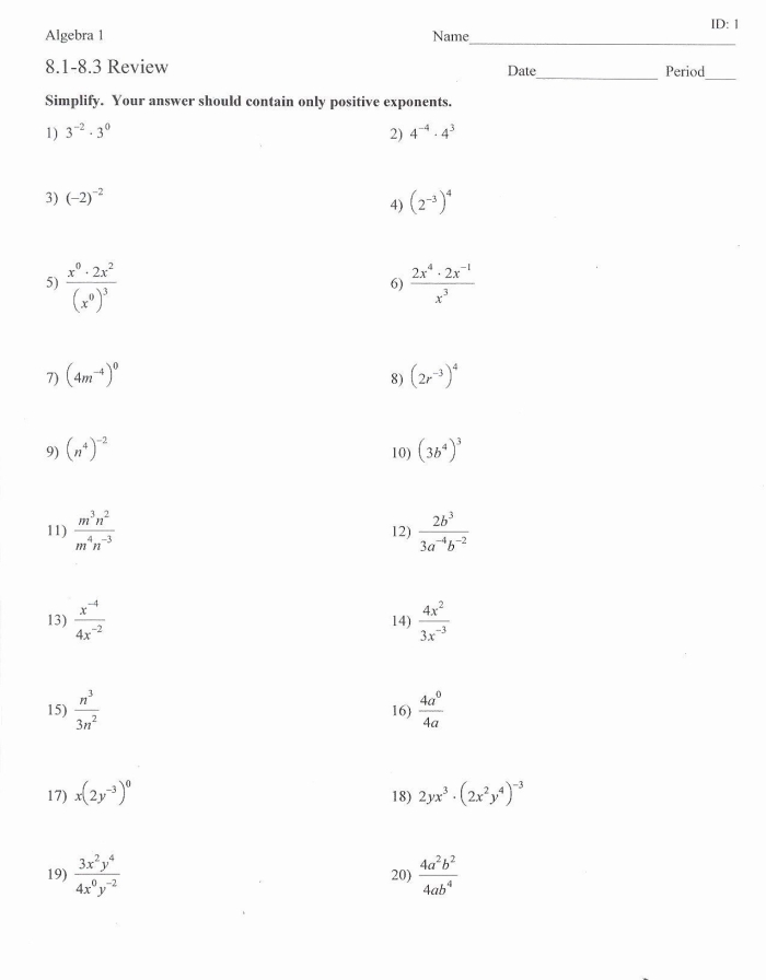 Negative and Zero Exponents Practice Worksheet 20 Eighth grade math worksheet focusing on solving problems with negative and zero exponents