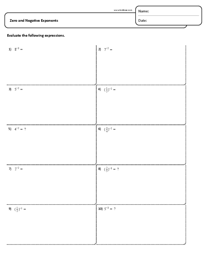 Eighth-grade math worksheet focusing on Negative Exponent Property and Zero Exponent Property Worksheet on Negative and Zero Exponents for eighth-grade students