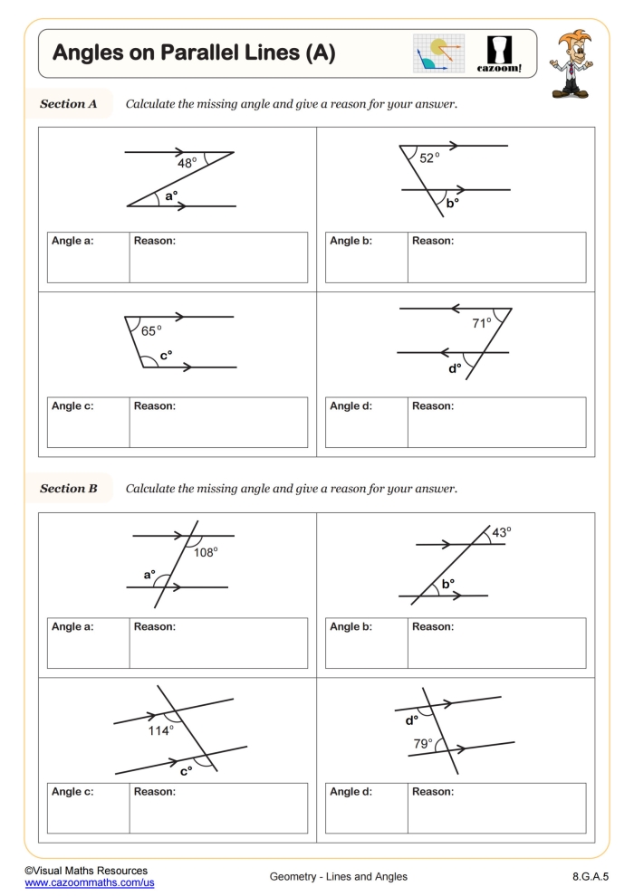 Transversals of Parallel Lines Angle Relationships Worksheet 24 Eighth grade geometry worksheet featuring angle relationships and transversals of parallel lines 24