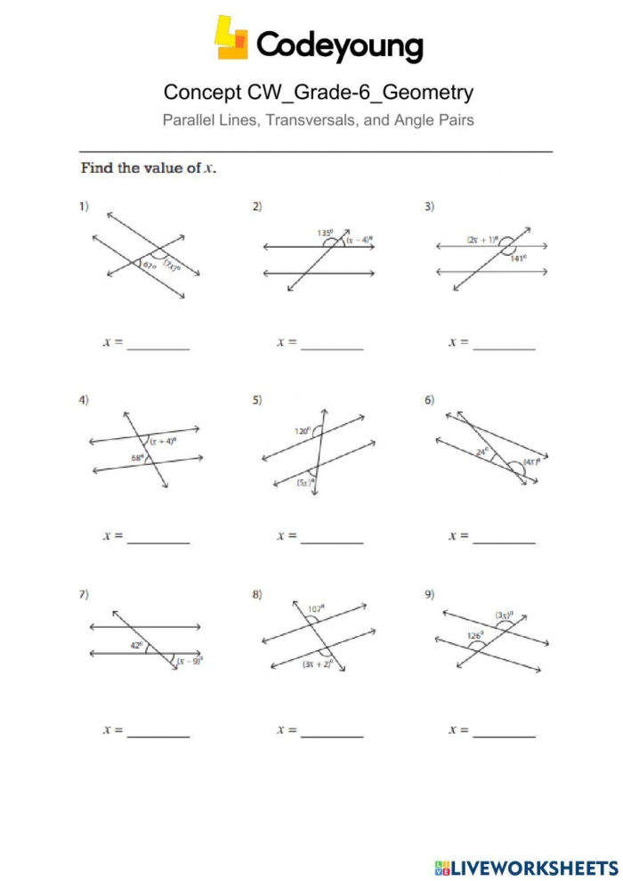 Transversals of Parallel Lines Angle Relationships Worksheet 10 Eighth grade geometry worksheet featuring angle relationships and transversals of parallel lines number ten