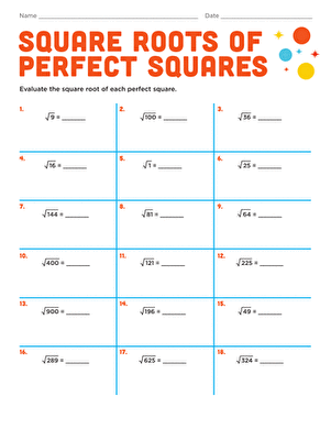 Eighth grade math worksheet focusing on calculating square roots of various perfect squares