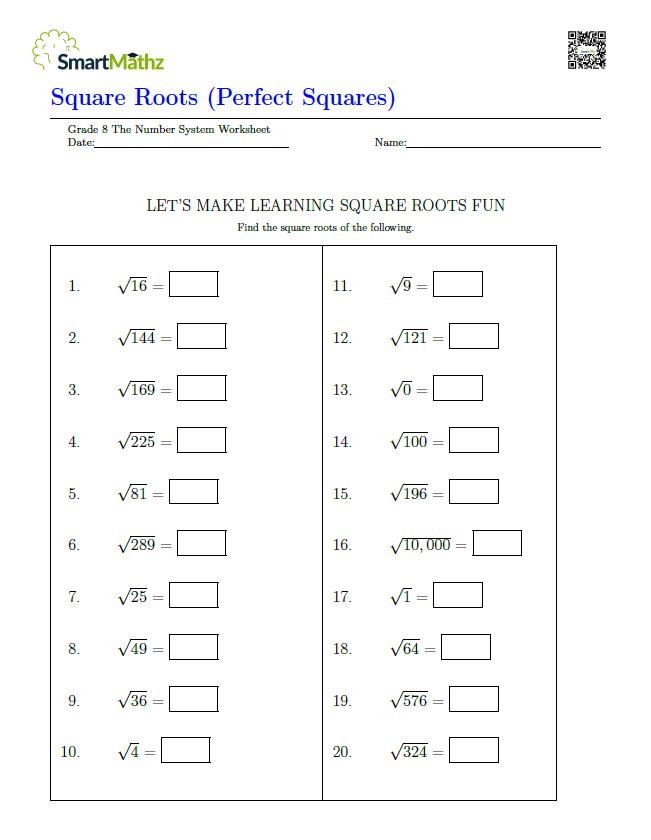 Eighth grade math worksheet focusing on calculating the square roots of perfect squares