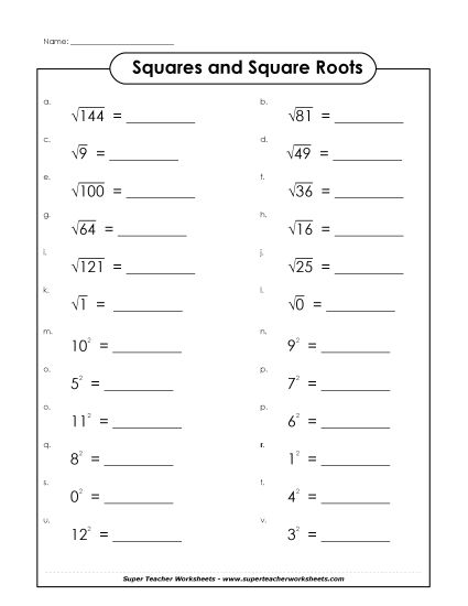 Eighth grade math worksheet focusing on calculating the square roots of perfect squares