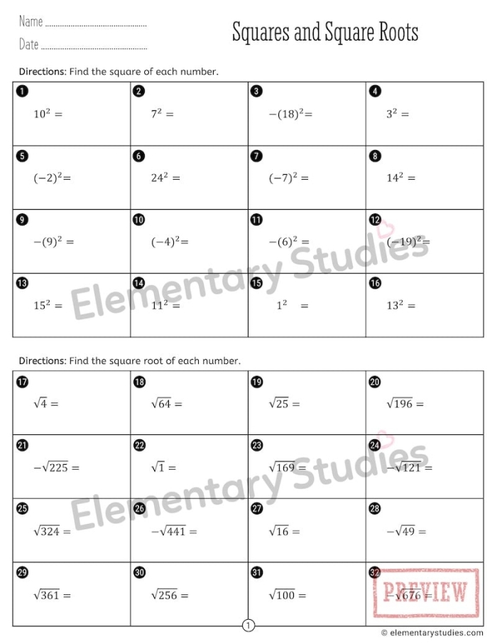 Eighth grade math worksheet focusing on calculating the square roots of various perfect squares