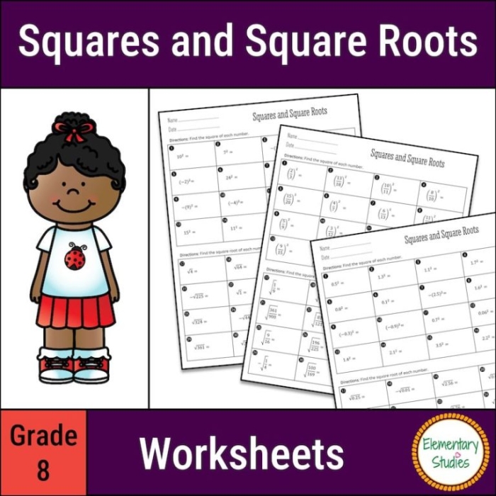 Eighth grade math worksheet featuring a variety of problems for calculating the square roots of perfect squares