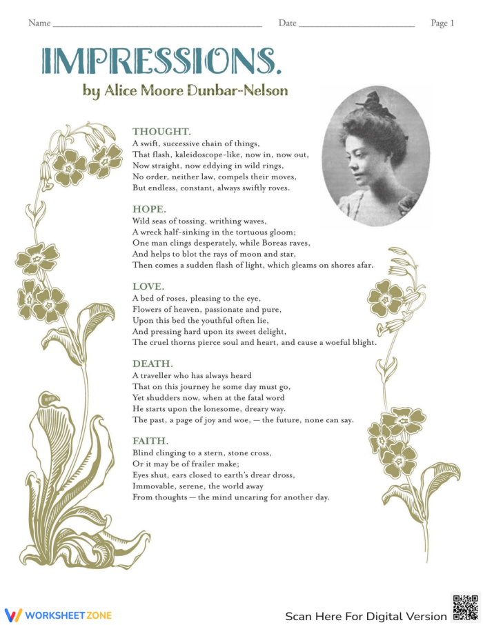 Eighth grade reading comprehension worksheet focused on analyzing the poem Impressions by Alice Moore Dunbar-Nelson