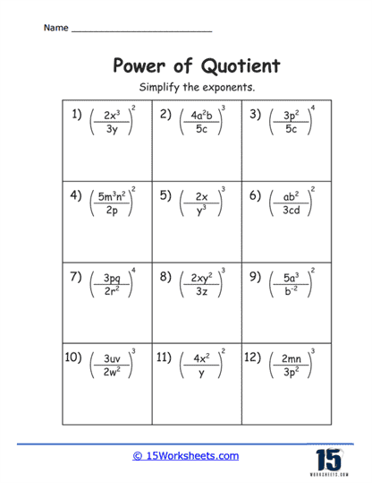 Eighth grade math worksheet focusing on simplifying algebraic expressions using the power of a power property.