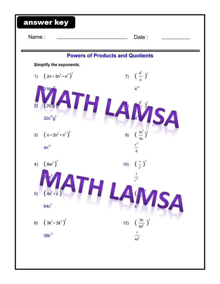 Eighth grade math worksheet focusing on the Product of Powers rule for algebraic expressions