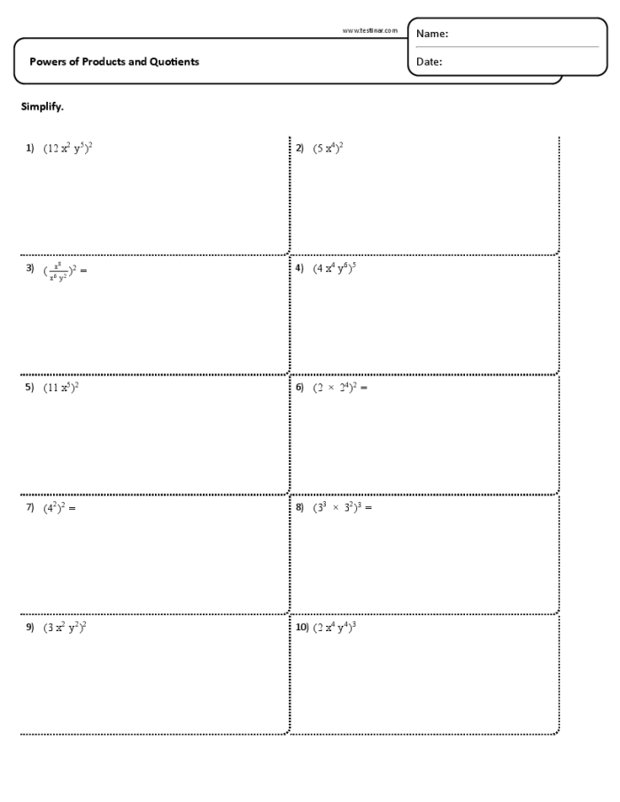 Eighth grade algebra worksheet focusing on the product of powers property with multiple practice problems