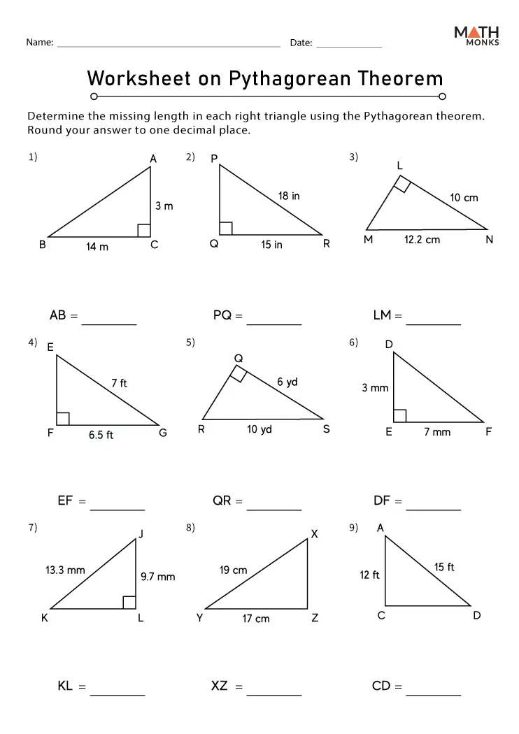 Eighth grade math worksheet focusing on calculating the hypotenuse of right triangles using the Pythagorean theorem