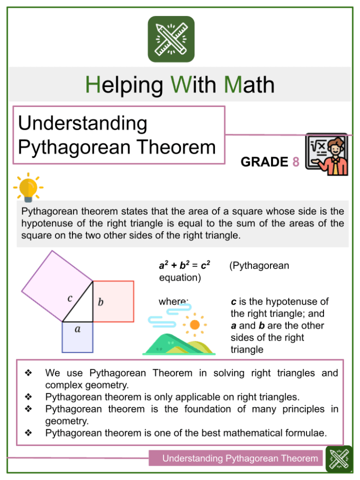 Pythagorean Theorem worksheet featuring right triangles for eighth-grade students