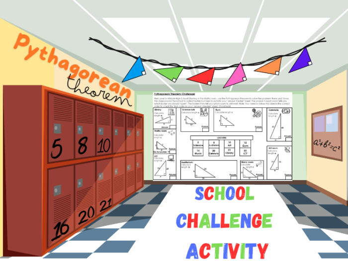 Eighth grade math worksheet focusing on solving for missing leg or hypotenuse lengths using the Pythagorean theorem