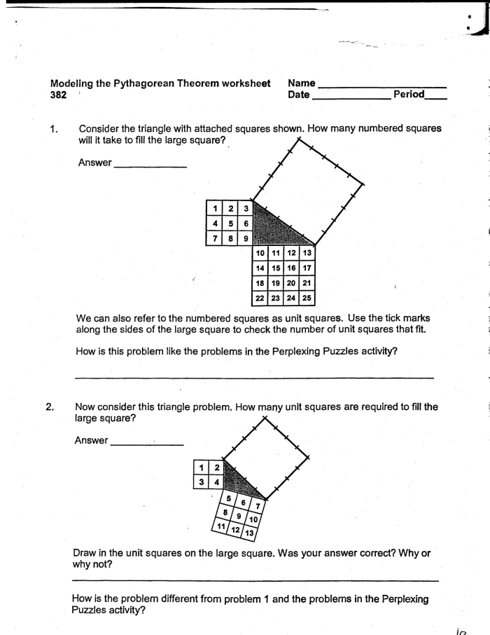 Eighth grade student solving right triangle problems using the Pythagorean theorem to calculate missing leg lengths on a geometry worksheet