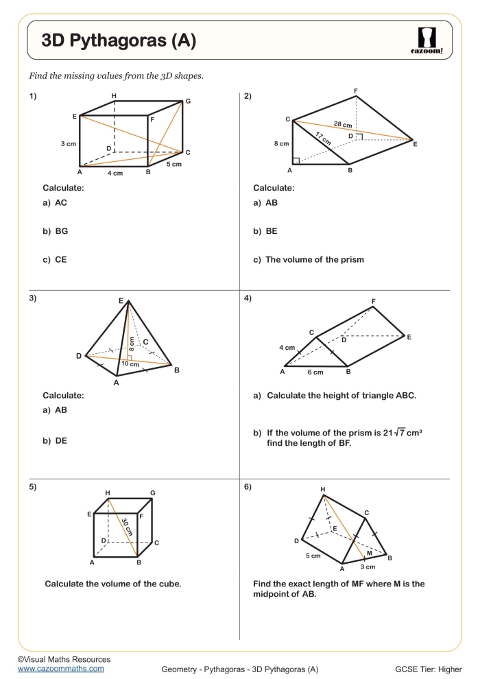Eighth grade geometry worksheet featuring various right triangles for practicing the Pythagorean theorem with missing sides
