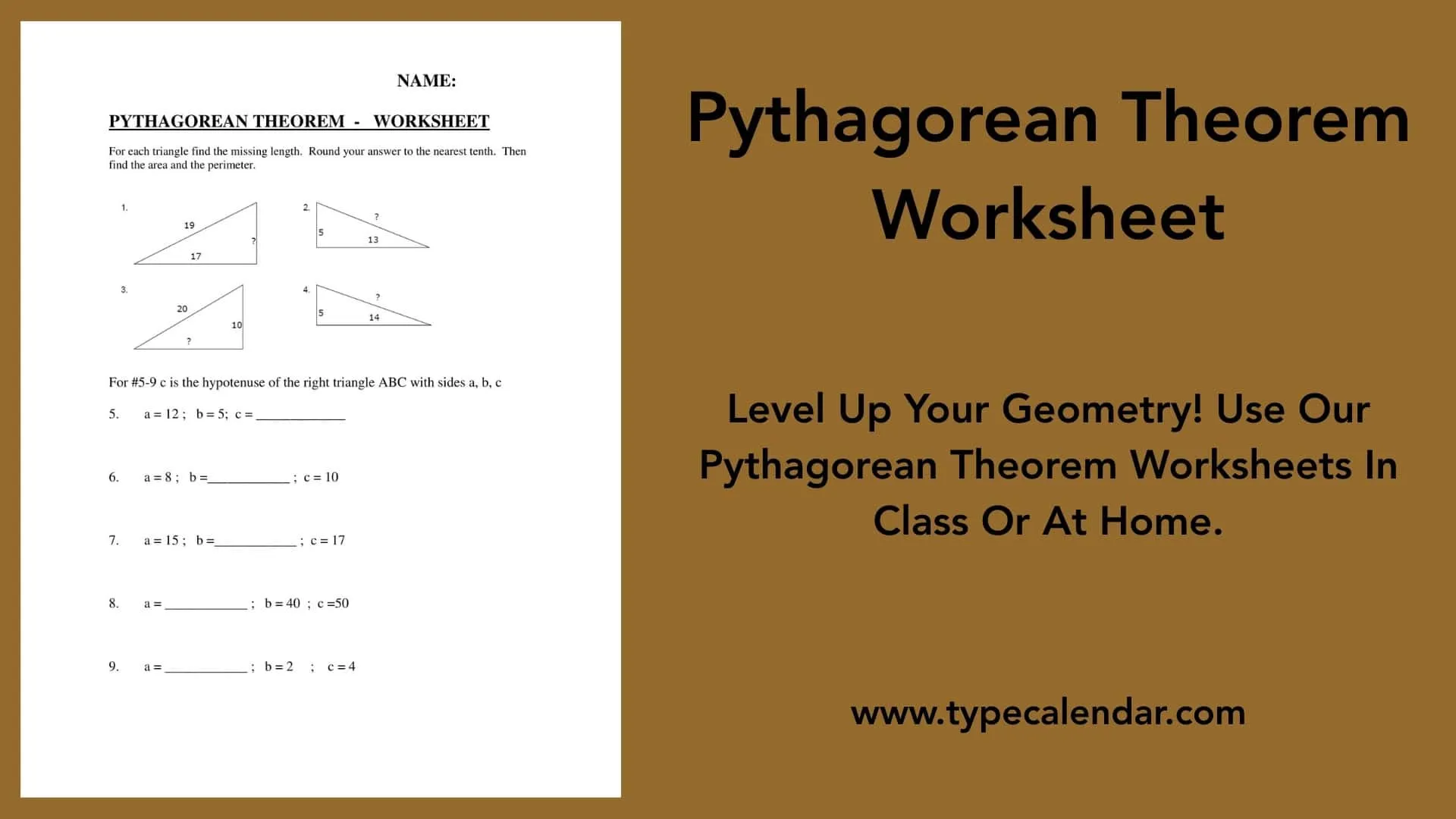 Eighth grade geometry worksheet featuring various right triangles to practice finding missing leg and hypotenuse lengths