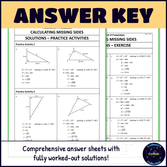 Eighth grade geometry worksheet featuring mixed practice problems for finding missing triangle side lengths using the Pythagorean theorem