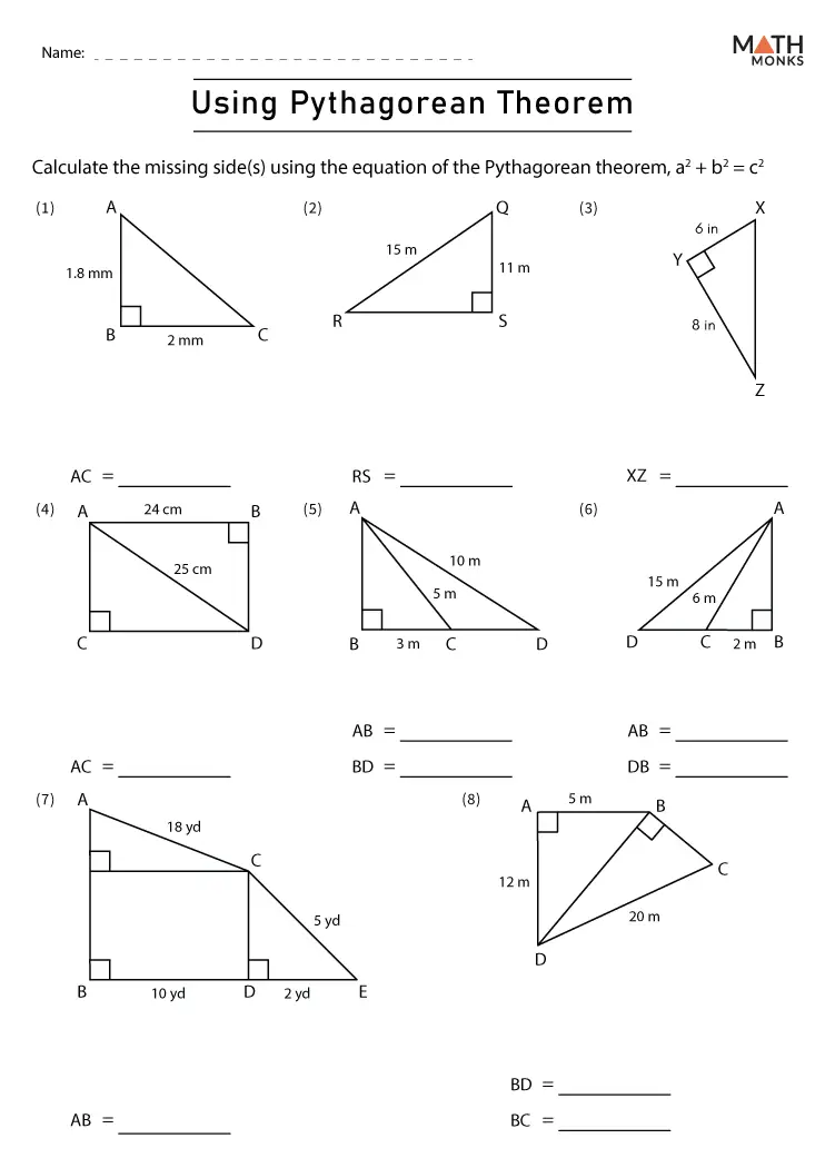 Students solving for missing hypotenuses using the Pythagorean theorem in a geometry worksheet