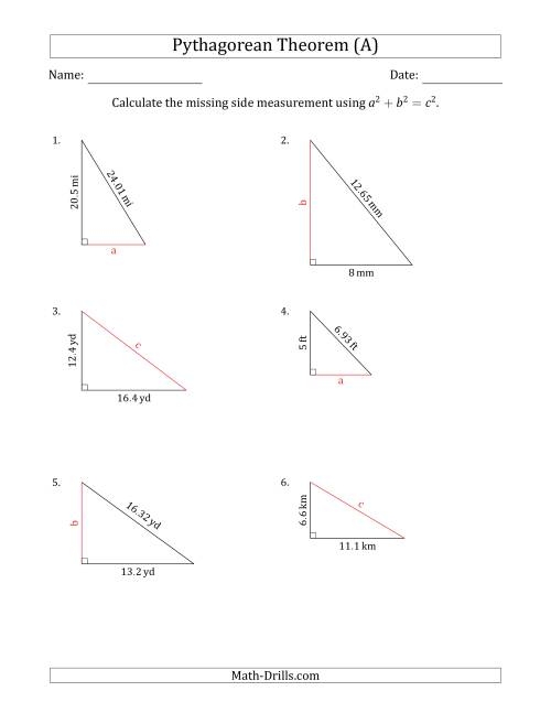 Worksheet featuring right triangles for practicing the Pythagorean theorem in eighth-grade geometry