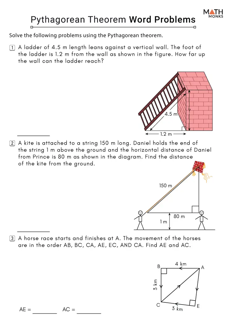 Eighth grade geometry worksheet featuring real-world word problems focused on applying the Pythagorean theorem