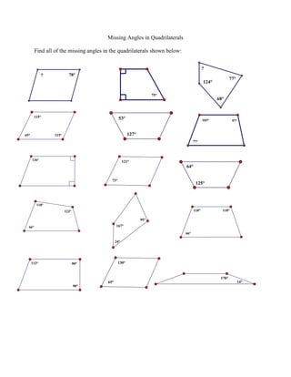 Eighth grade geometry worksheet featuring quadrilateral shapes with missing interior angles to solve