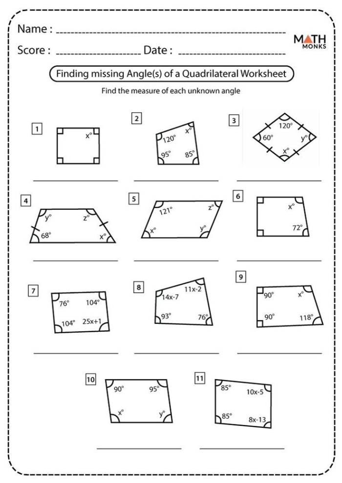 Eighth grade geometry worksheet featuring exercises to calculate missing interior angles of quadrilaterals