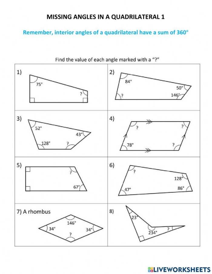 Eighth grade math worksheet showing geometry problems for finding missing interior angles in various quadrilaterals