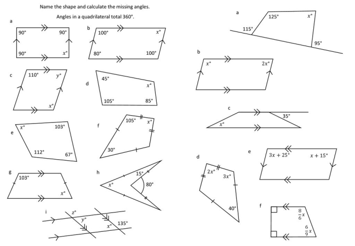 Eighth grade geometry worksheet featuring various quadrilateral shapes with missing angle problems to solve
