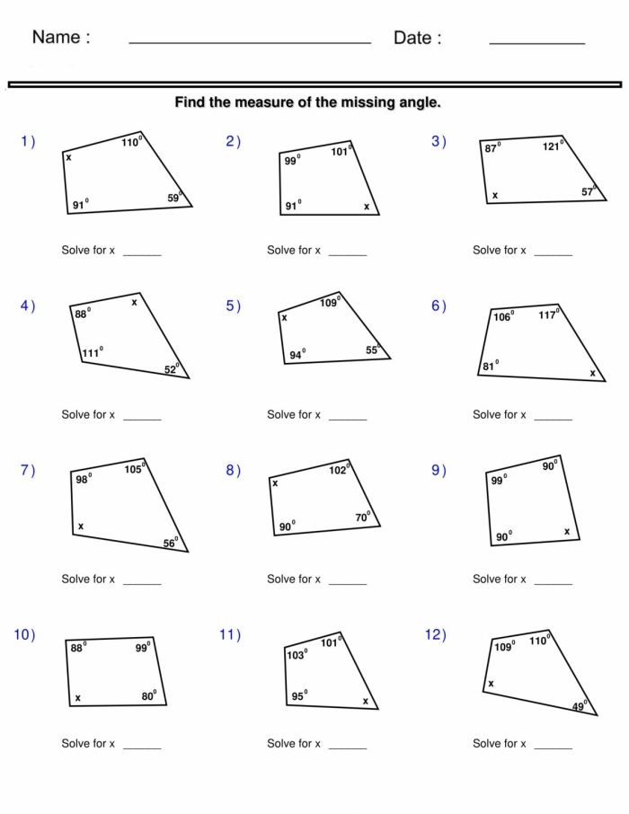 Eighth grade geometry worksheet featuring quadrilaterals with missing angles for students to solve