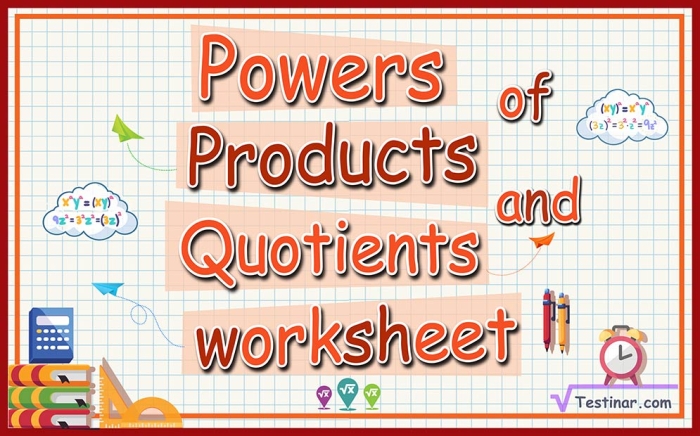 Eighth grade math worksheet showing quotient of powers division problems with exponents