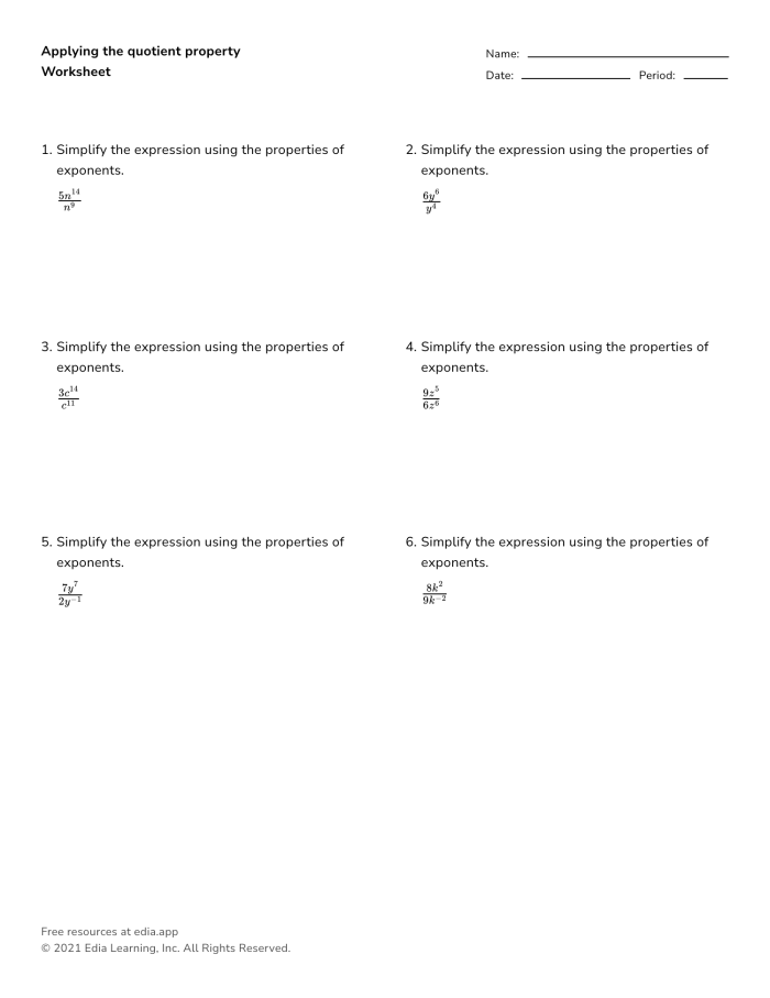 Eighth grade student solving quotient of powers division problems using exponent rules