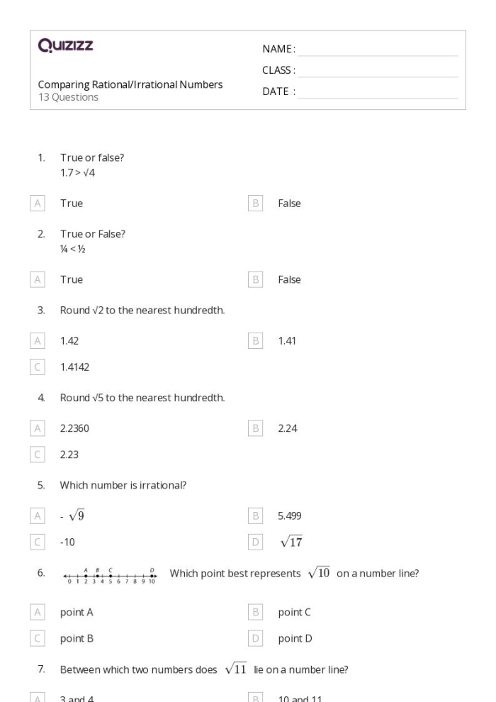 Worksheet for comparing rational and irrational numbers for eighth graders