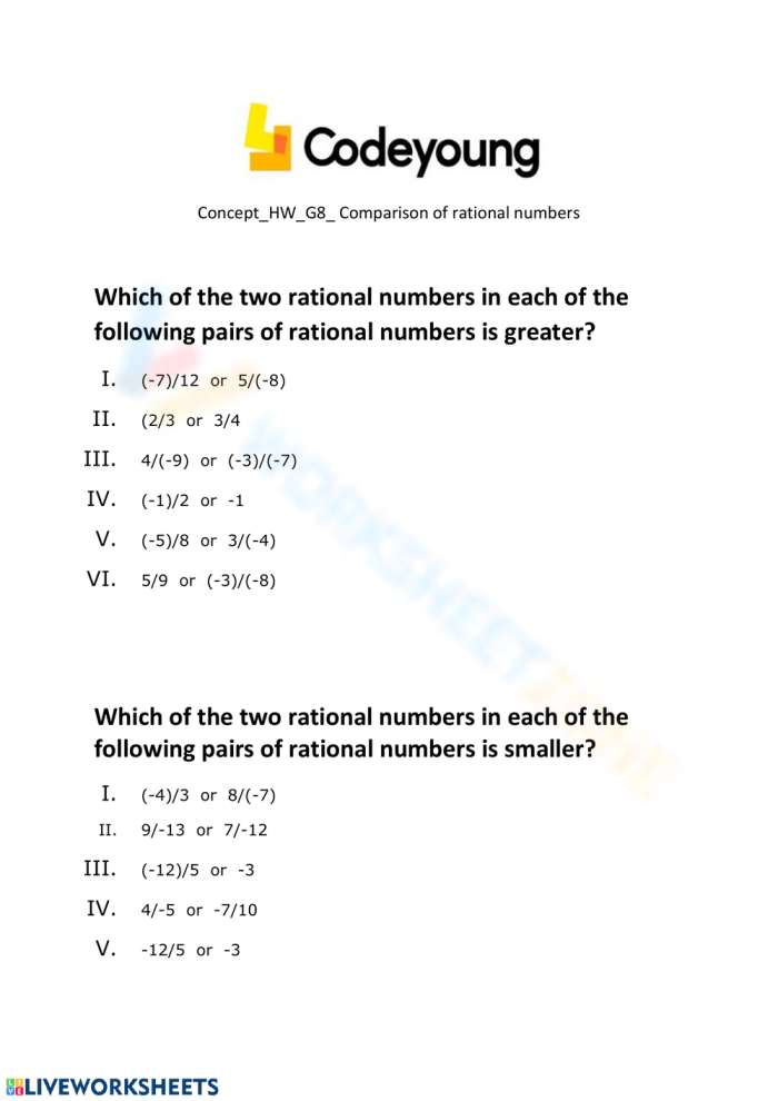 Worksheet for comparing rational and irrational numbers for eighth graders