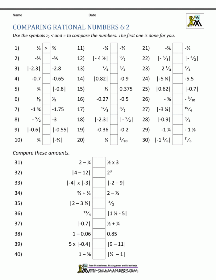 Worksheet for comparing rational and irrational numbers for eighth graders