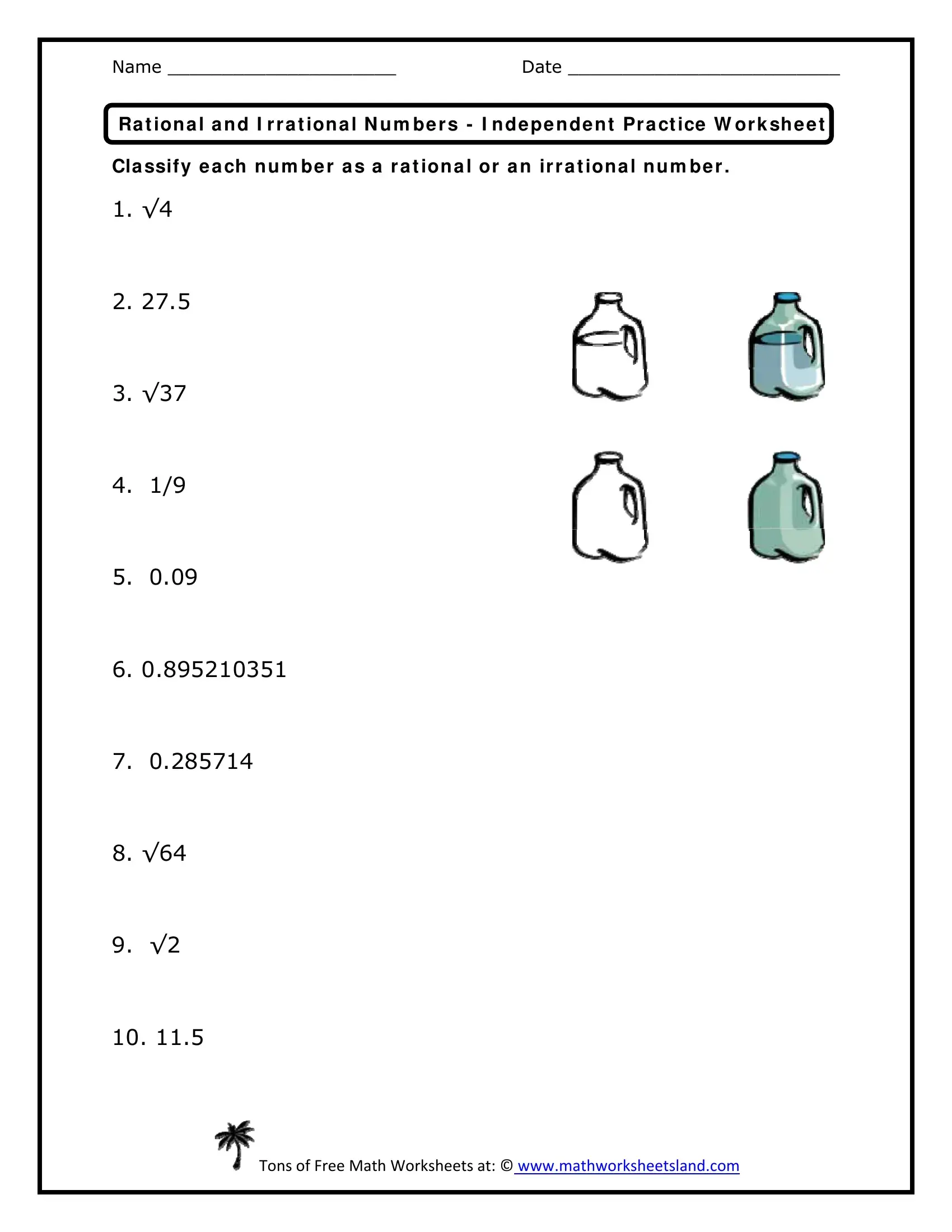 Worksheet for eighth graders comparing rational and irrational numbers, focusing on number sense.