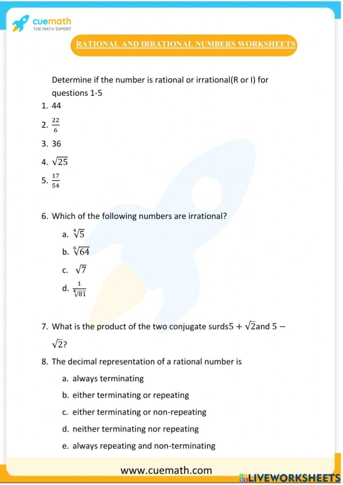 Eighth grade math worksheet showing examples of rational and irrational numbers with classification exercises