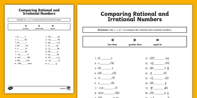 Worksheet for comparing rational and irrational numbers aimed at eighth-grade students