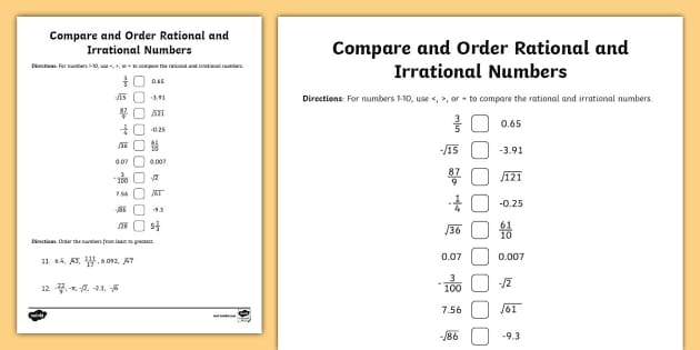 Worksheet featuring eighth graders comparing rational and irrational numbers