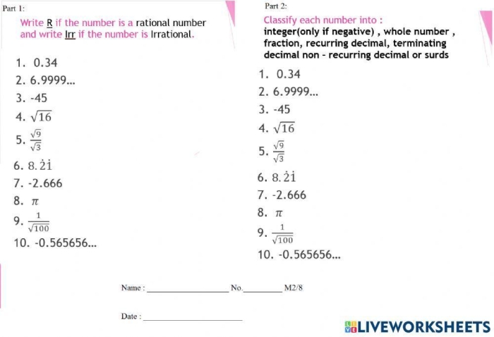 Worksheet for comparing rational and irrational numbers aimed at eighth-grade students