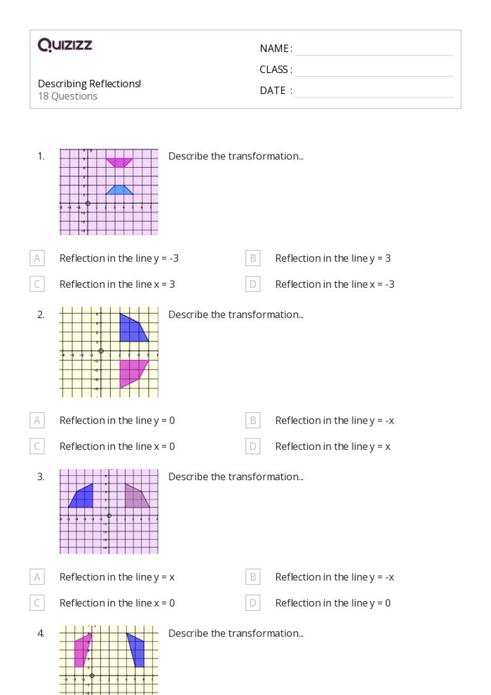 Worksheet image demonstrating reflections for eighth-grade subtraction practice Eighth-grade geometry worksheet focused on describing reflections on the coordinate plane
