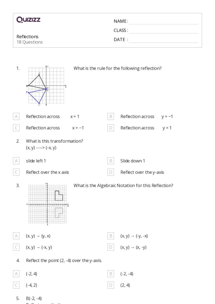 Describing Reflections Geometry Worksheet 12 Eighth grade math worksheet showing geometric reflection exercises on a coordinate plane