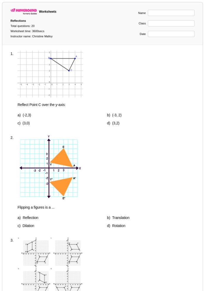 Worksheet for practicing reflections in geometry, image 24 Eighth-grade geometry worksheet focused on describing reflections in the coordinate plane