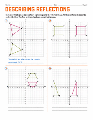 Describing Reflections worksheet for eighth-grade students to enhance geometry skills Eighth-grade geometry worksheet focused on describing reflections in the coordinate plane
